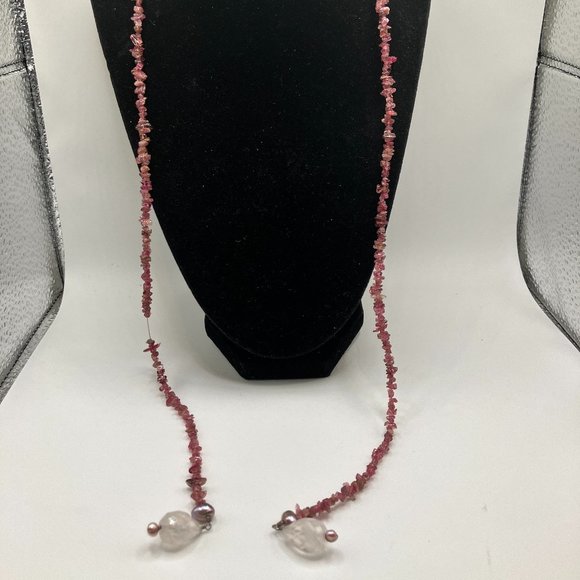 Rhodolite Garnet Chip Pink Dangles at Ends Silver-Tone Open Necklace! - Picture 2 of 6